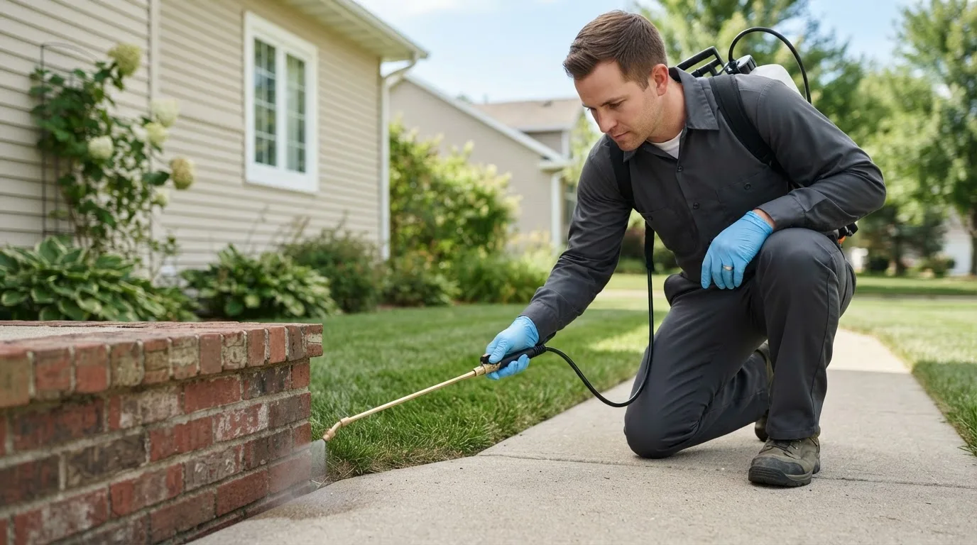 Pest control technician treating a home near Essex, CT