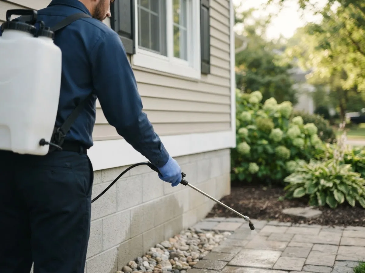 Pest control technician inspecting a home in Essex, CT